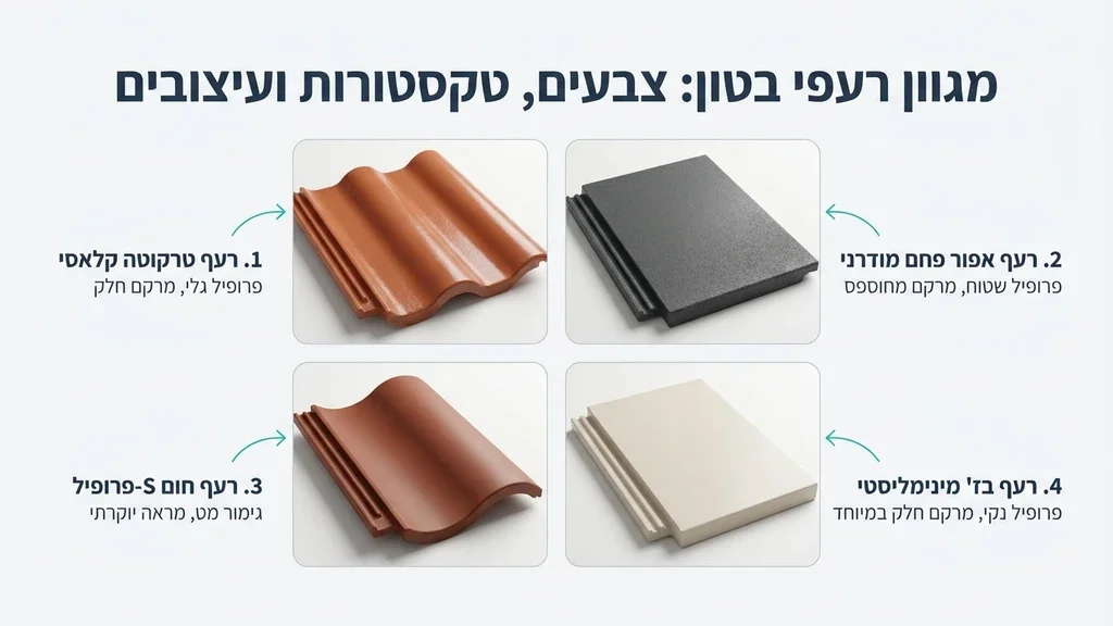 דוגמאות, צבעים וטקסטורות של רעפי בטון איכותיים
